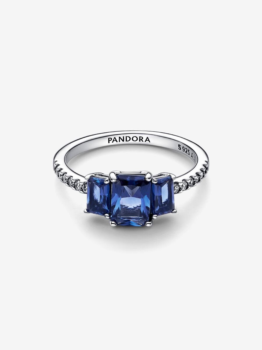 Anillo Pandora Brillante Tres Gemas Azules Rectangulares