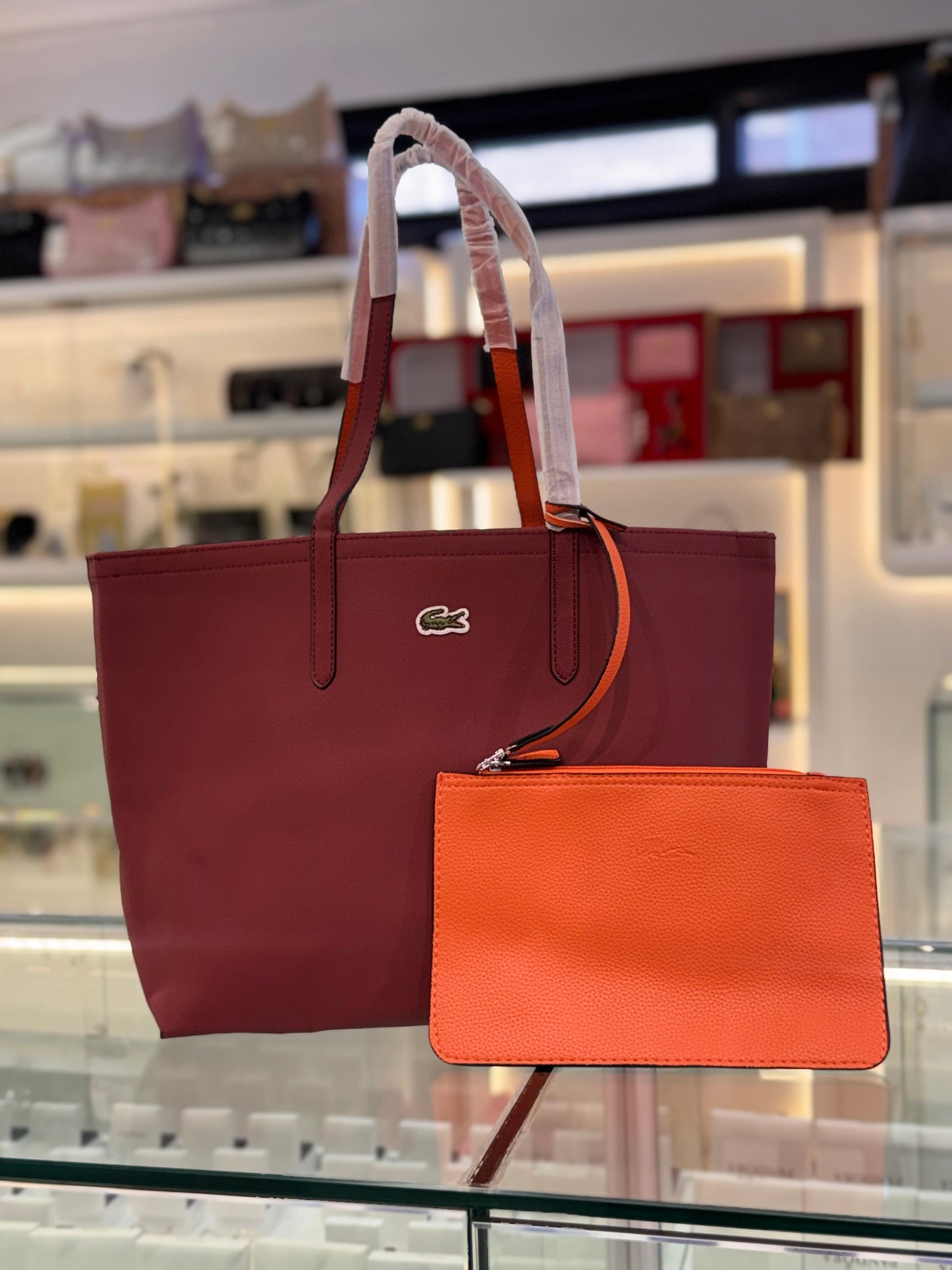 Cartera Lacoste Grande Con Bolsa De Mano De 2 Colores Rojo Y Naranja
