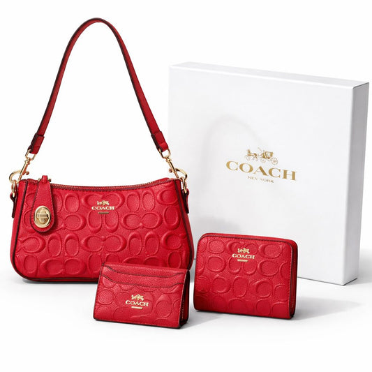 Set De Regalo De Cartera Coach Rojo de 3 Piezas Con Caja