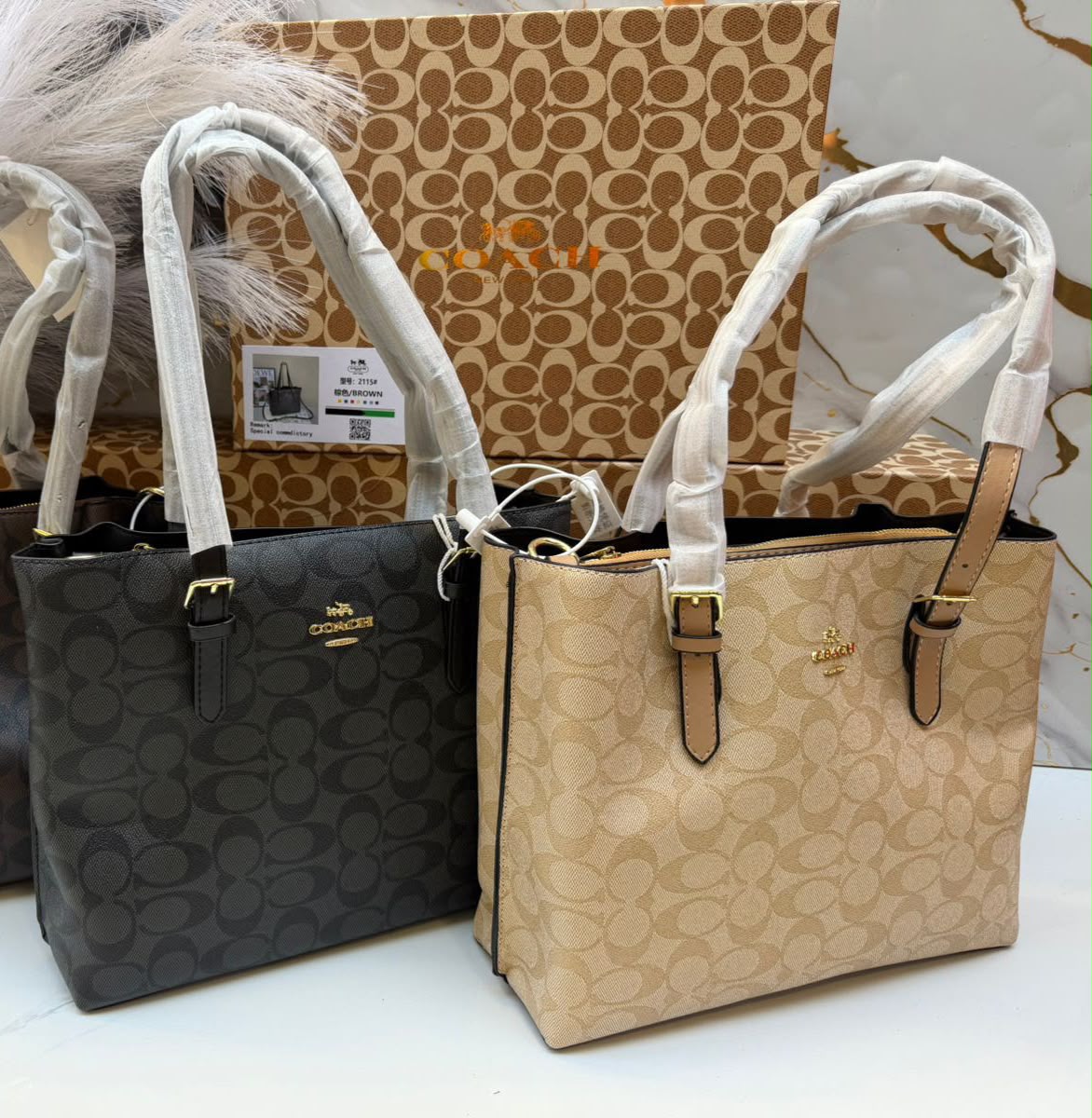 Cartera Coach Tote Mollie 25 de lona con motivo de firma en color Kakhi Con Caja