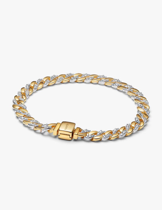 Brazalete Pandora De Cadena Cubana de Dos Tonos en pavé
