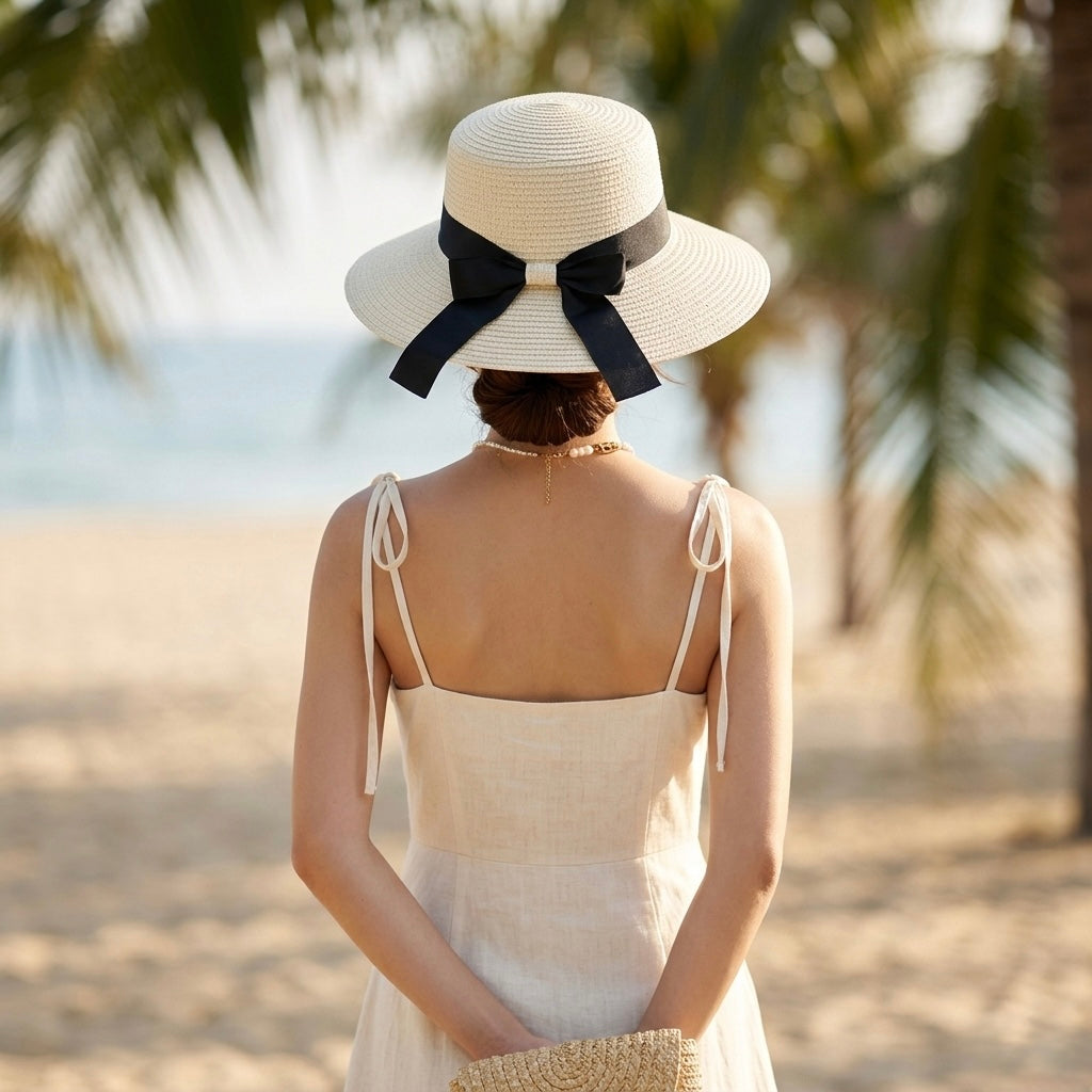 Sombrero Playero Mediano Claro con Cinta Negra