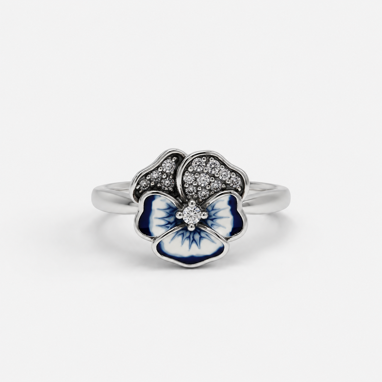 Anillo Pandora Flor Pensamiento Azul
