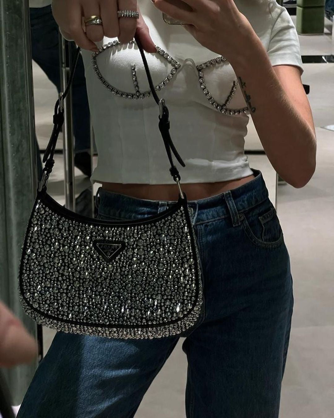 Cartera Prada Cleo De Satén Con Cristales Con Caja