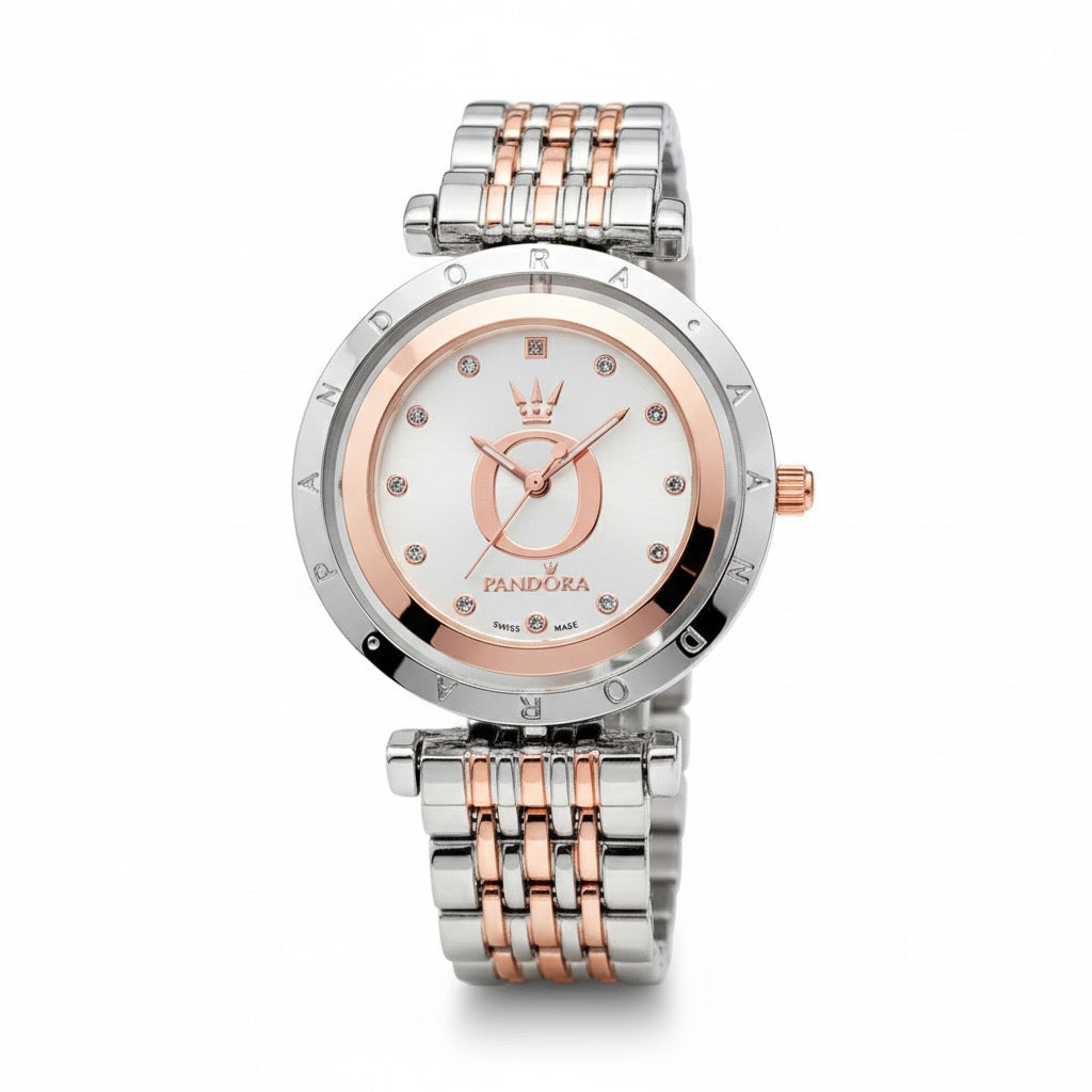 Reloj Pandora Centro Giratorio Brillante Plateado Y Rose Gold