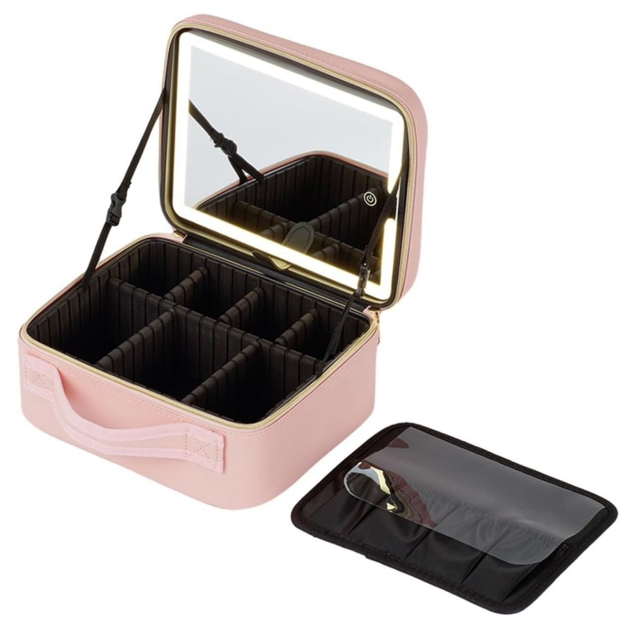 Maletín Organizador De Maquillaje Con Espejo Luz Led Rosado