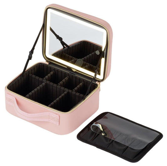 Maletín Organizador De Maquillaje Con Espejo Luz Led Rosado