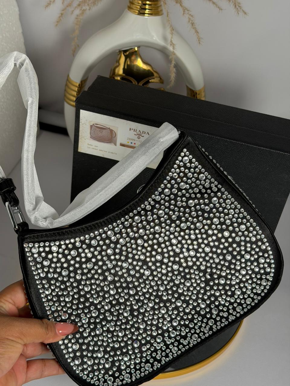 Cartera Prada Cleo De Satén Con Cristales Con Caja