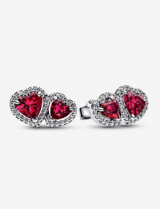 Aretes Pandora Botón Halo Doble Corazón Rojo
