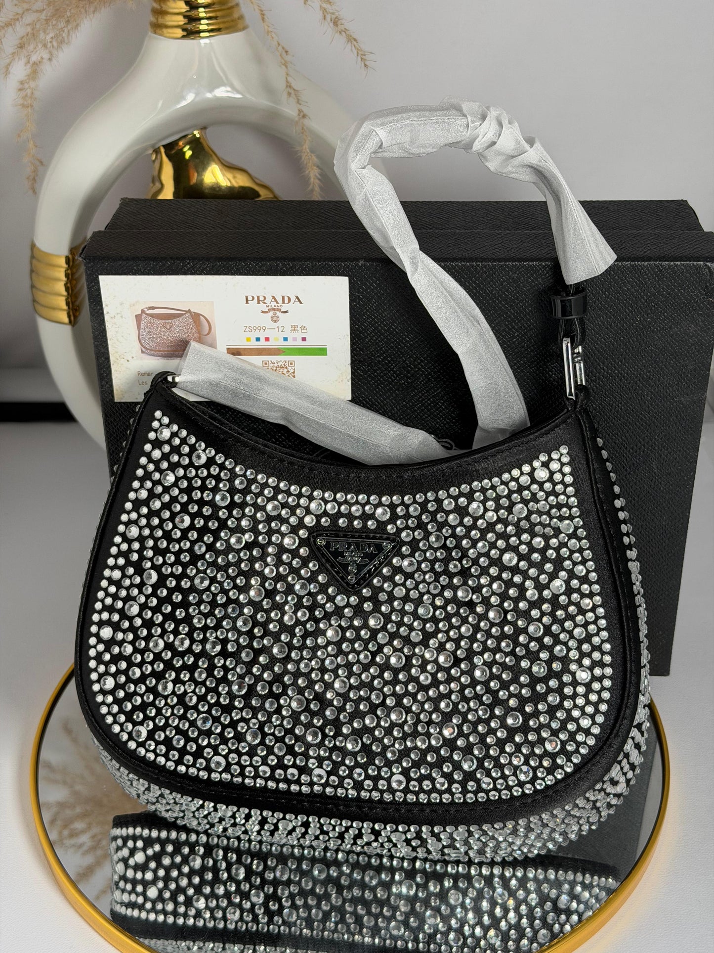 Cartera Prada Cleo De Satén Con Cristales Con Caja