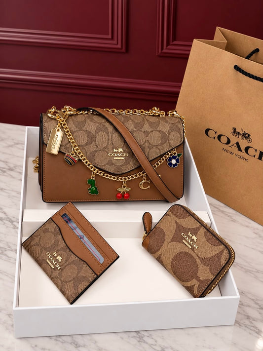 Set De Carteras 3 Piezas En Marrón Con Charm Largo Y Caja
