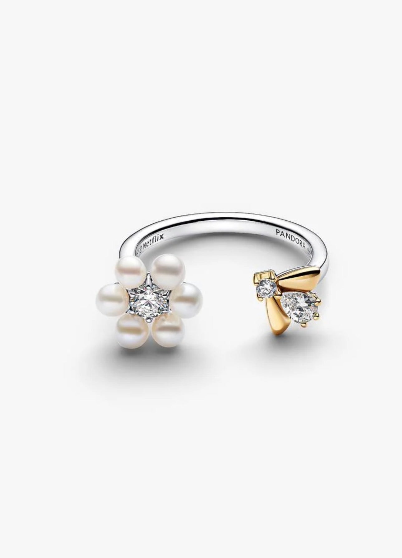 Anillo Pandora Abierto Abeja y Flor Perla Cultivada de Agua Dulce Tratada de Los Bridgerton de Netflix