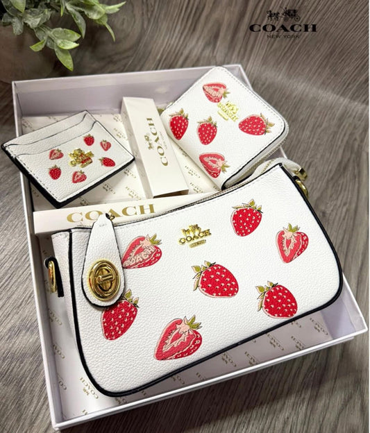 Set De Regalo De Cartera Coach Blanca Con Fresas de 3 Piezas Con Caja