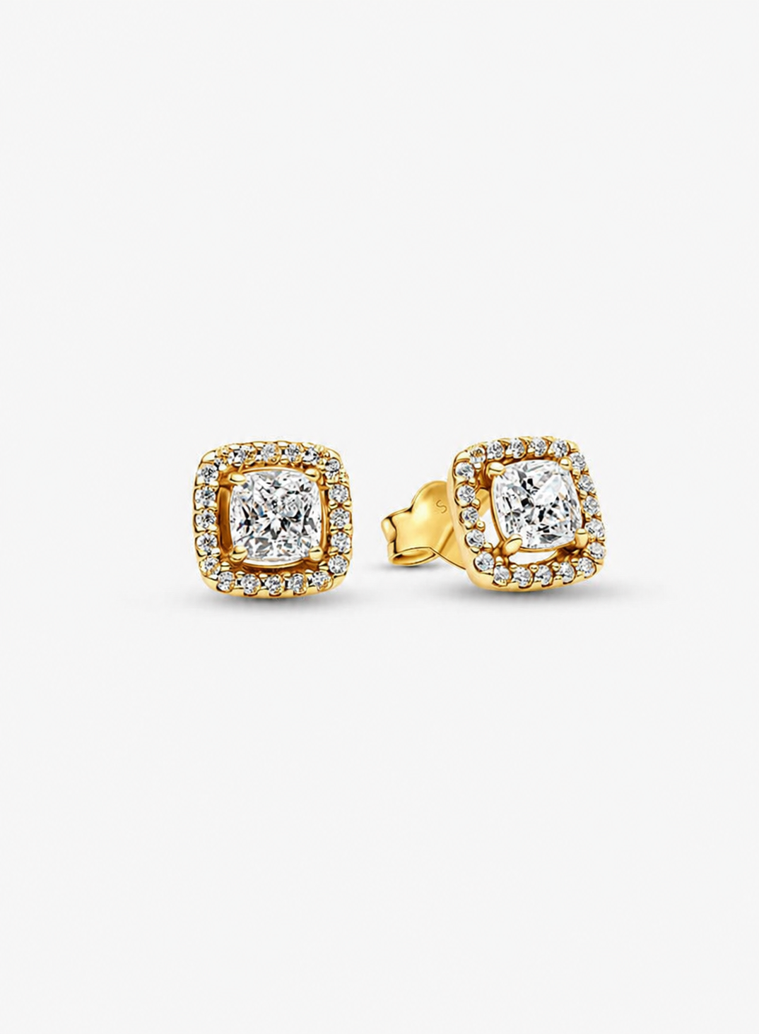 Aretes Pandora de botón Halo Cuadrado Dorado Brillante