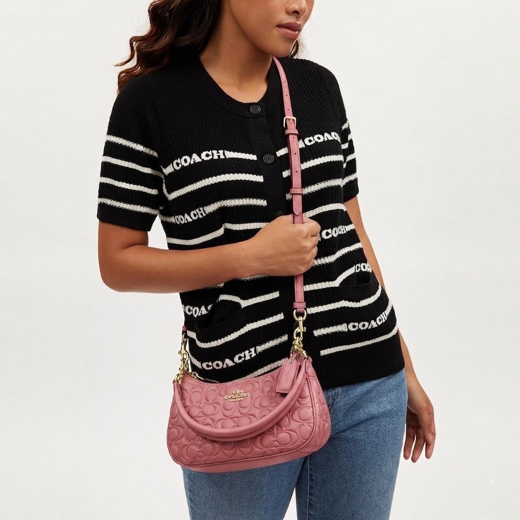 Cartera Coach Teri Rosa Textura Con Caja