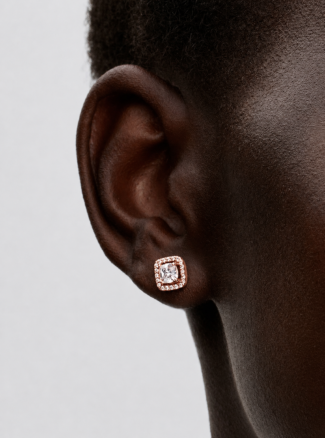 Aretes Pandora de botón Halo Cuadrado Rose Gold Brillante
