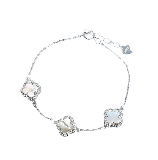 Brazalete Van Cleef De 3 Tréboles Blanco Con Orilla En Plata