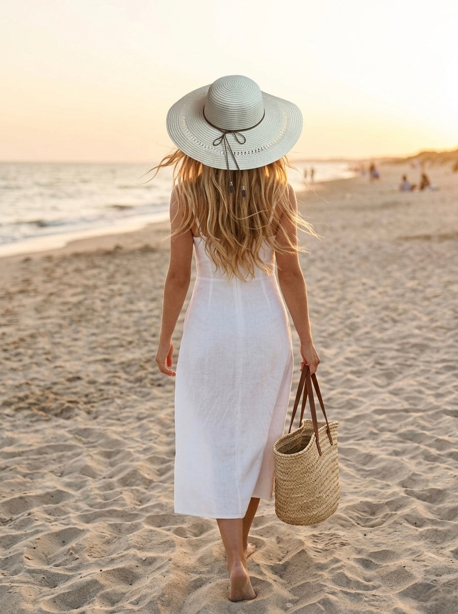Sombrero Playero Grande Con Cinta Café Larga