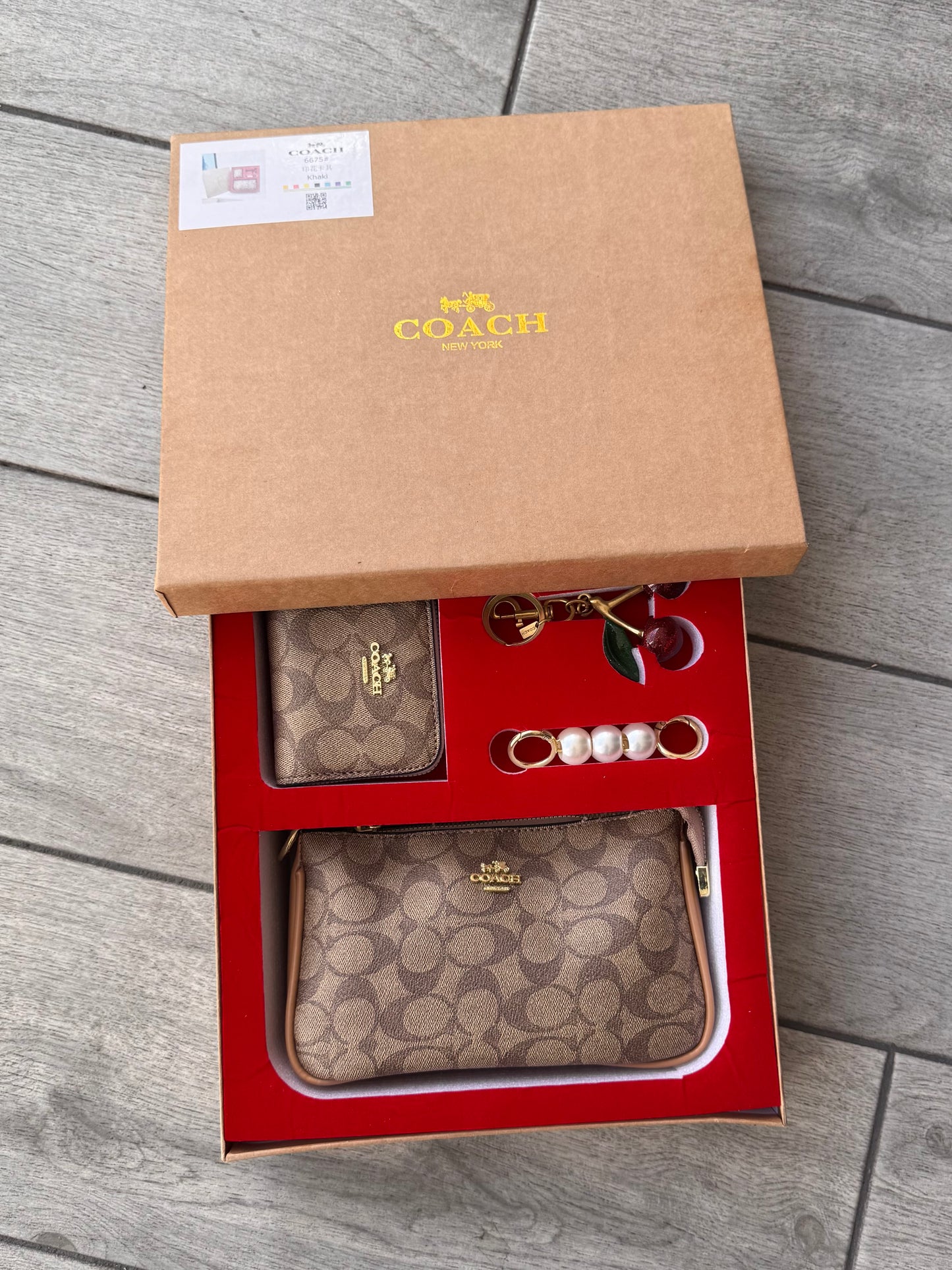 Set De Cartera Coach Con Monedero Khaki Con Charms Y Caja