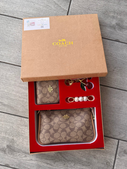 Set De Cartera Coach Con Monedero Khaki Con Charms Y Caja