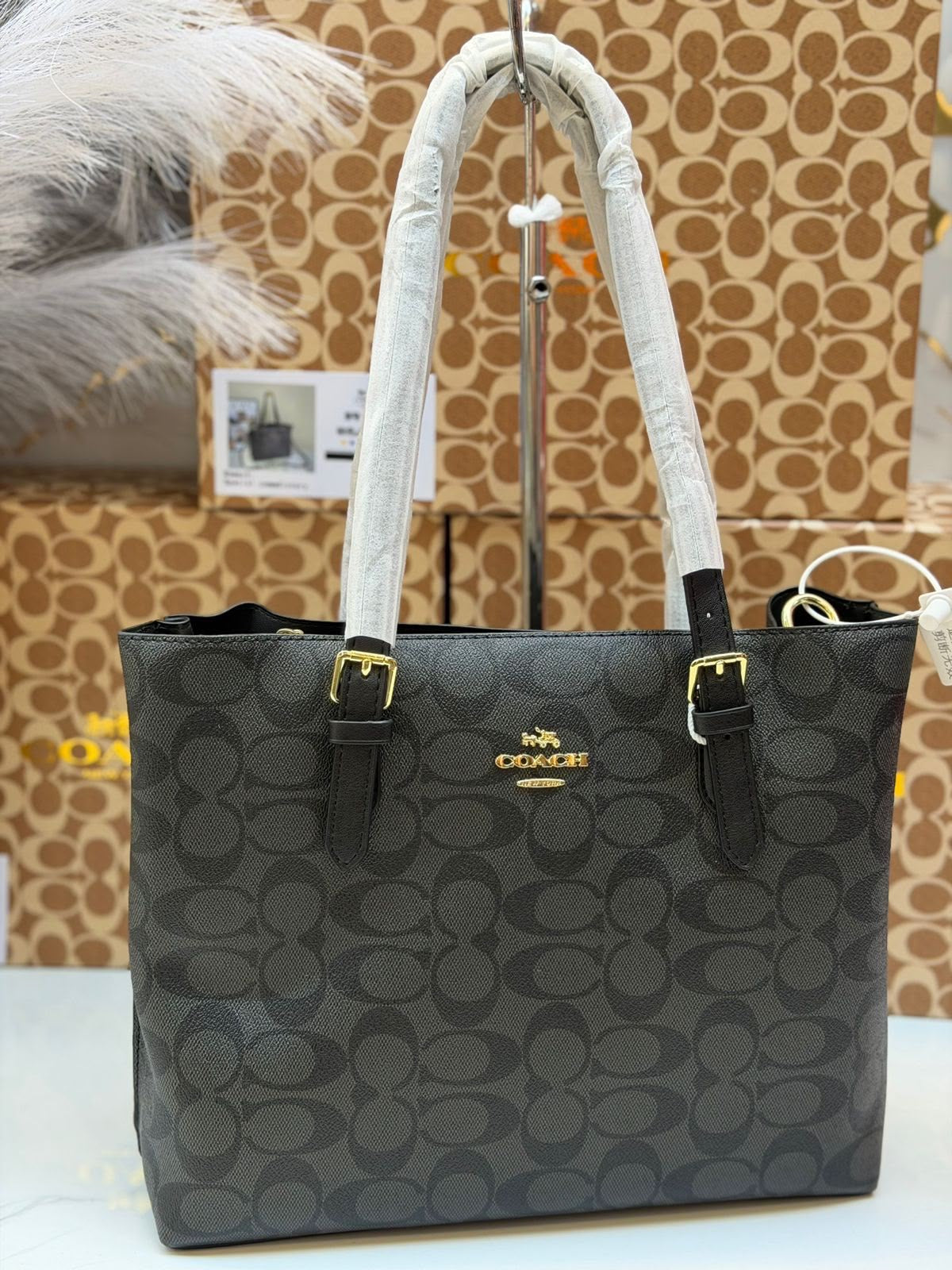 Cartera Coach Tote Mollie 25 de lona con motivo de firma en color negro Con Caja