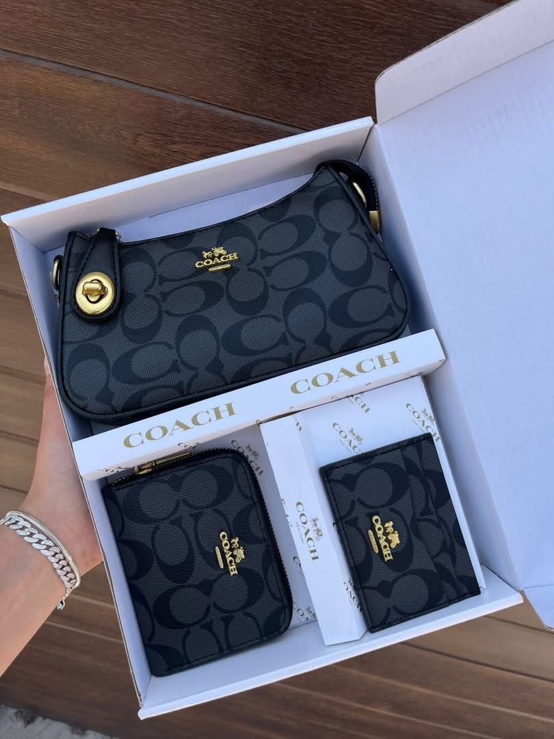 Set De Cartera Coach 3 Piezas en Negro Con Gris