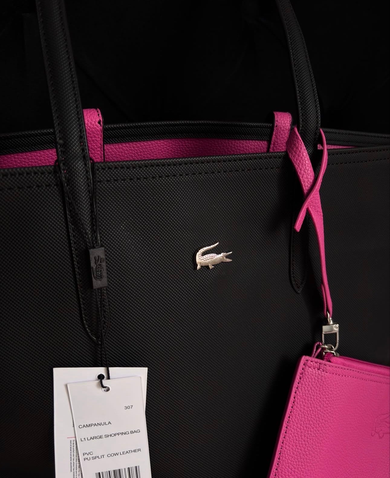 Cartera Tote Bag Grande Lacoste Reversible Fucsia Con Negro y Bolsa De Mano