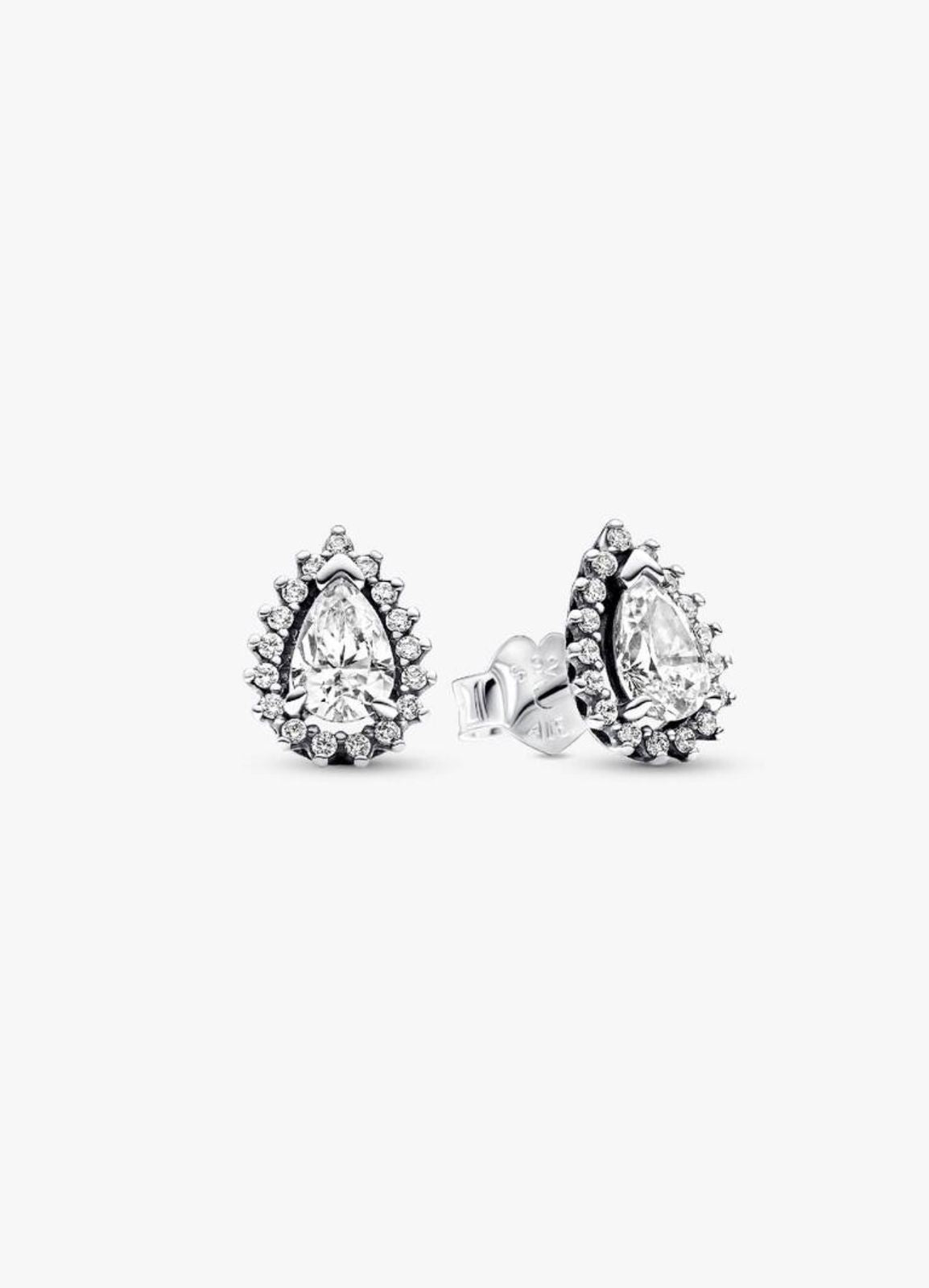 Aretes Pandora Botón de Halo Brillante Corte Pera