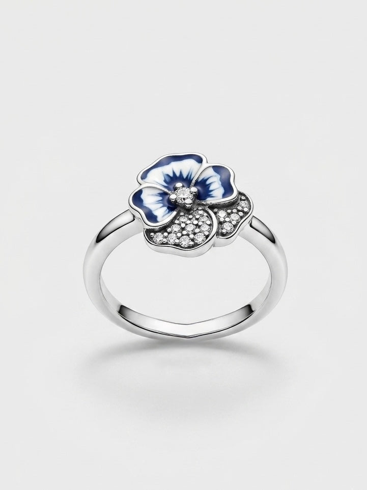 Anillo Pandora Flor Pensamiento Azul
