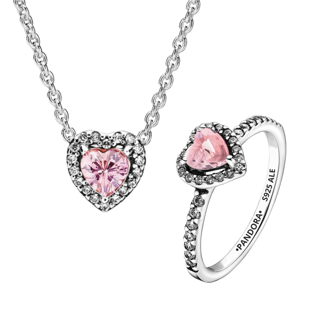 Set Pandora Collar y Anillo Corazón Rosa Brillante