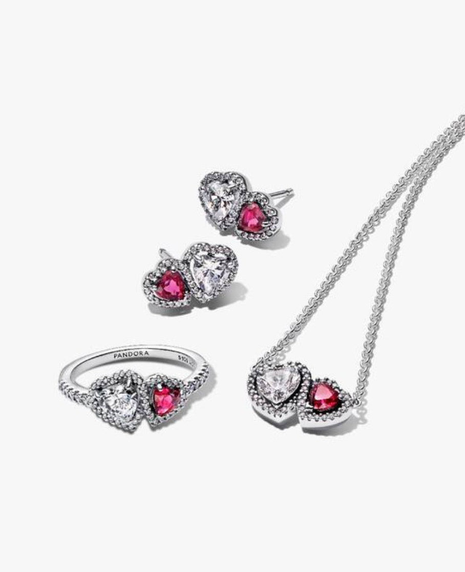 Set De Regalo Pandora Doble Corazón Rojo y Blanco