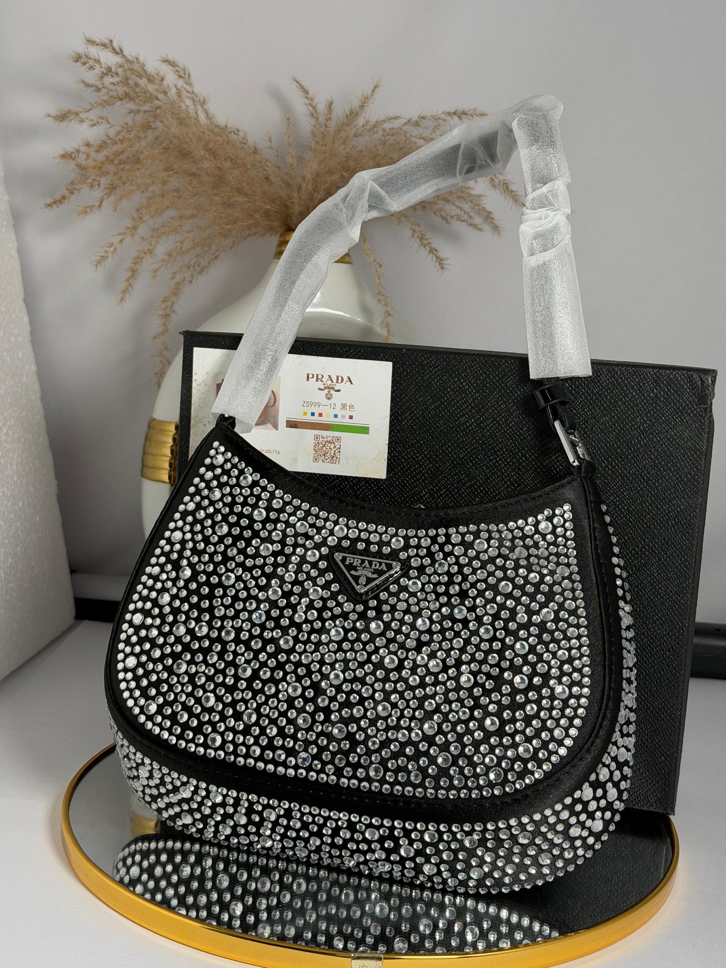 Cartera Prada Cleo De Satén Con Cristales Con Caja