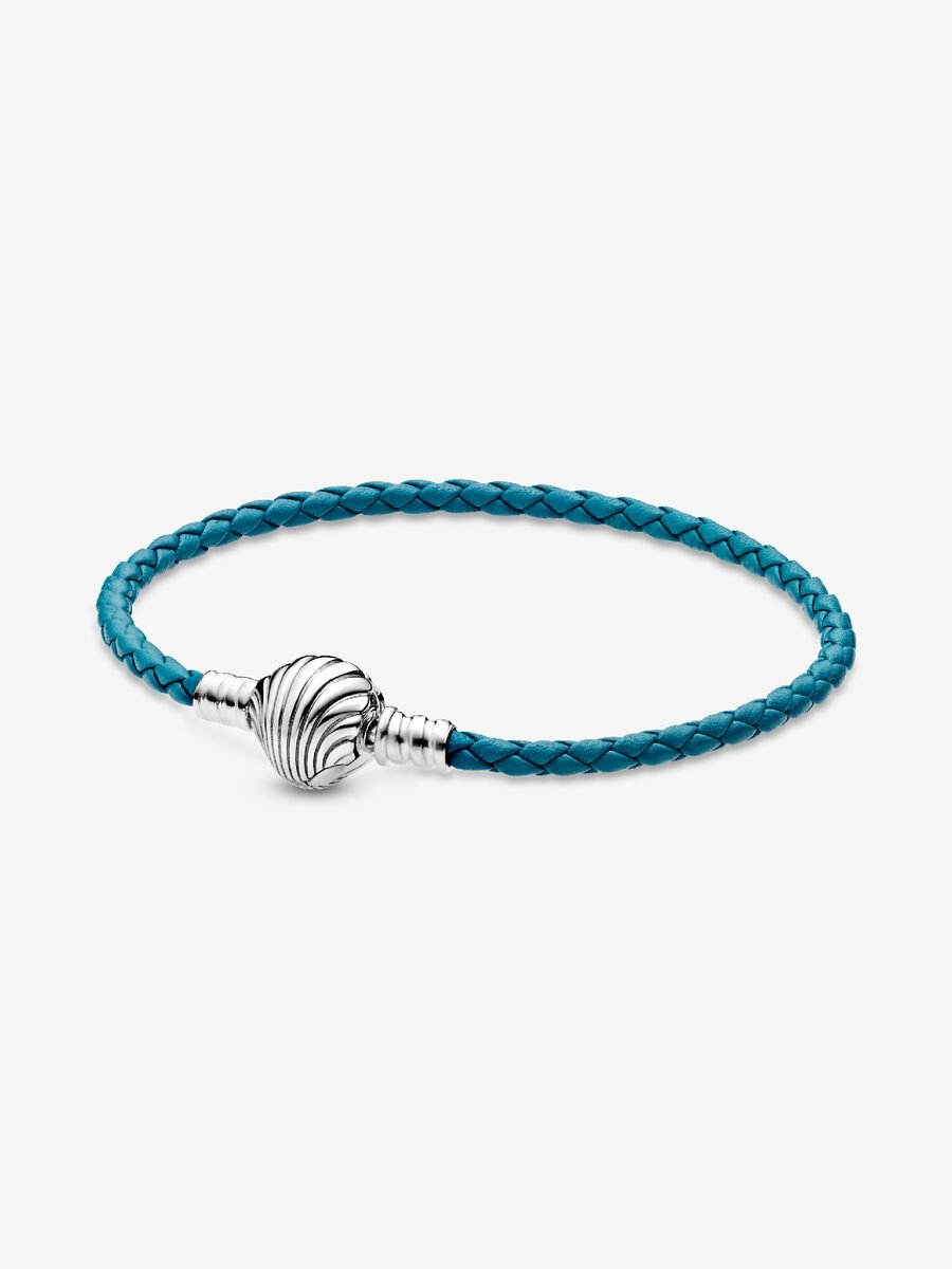 Pulsera Pandora en Cuero Trenzado Turquesa con Cierre de Concha