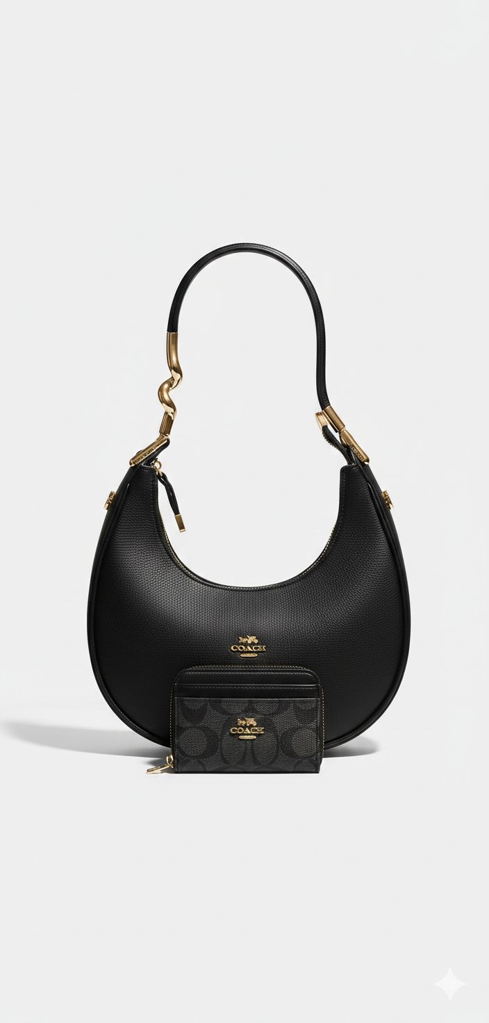 Cartera Coach Media Luna Calidad Alta Con monedero Negra