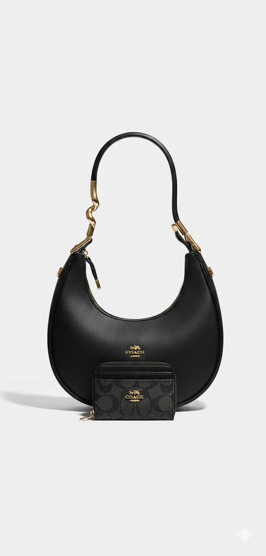 Cartera Coach Media Luna Calidad Alta Con monedero Negra