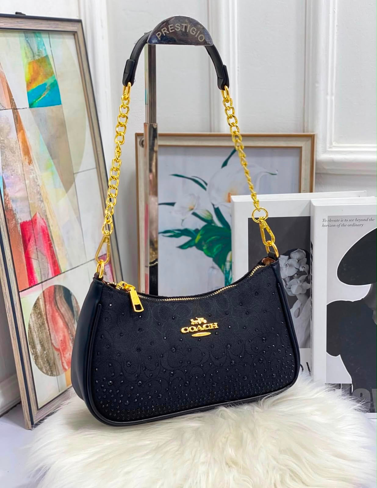 Cartera Coach Teri De Hombro Con Brillos Negra