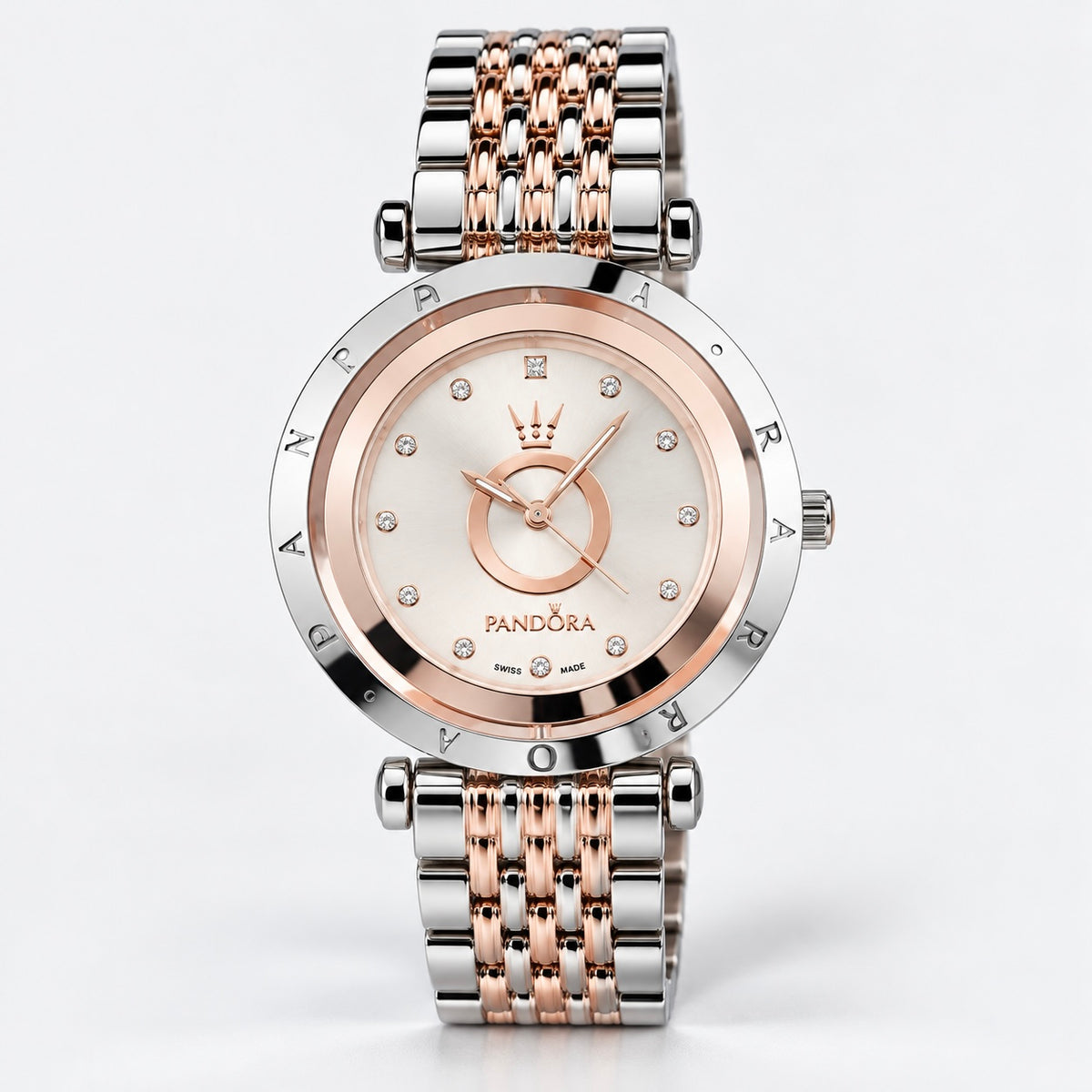 Reloj Pandora Centro Giratorio Brillante Plateado Y Rose Gold