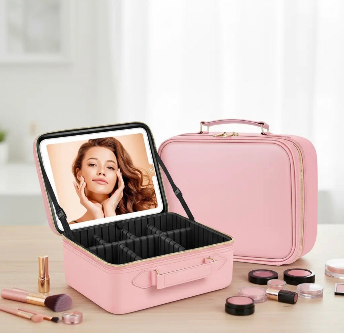 Maletín Para Maquillaje Rosa De Espejo Con Luz Led