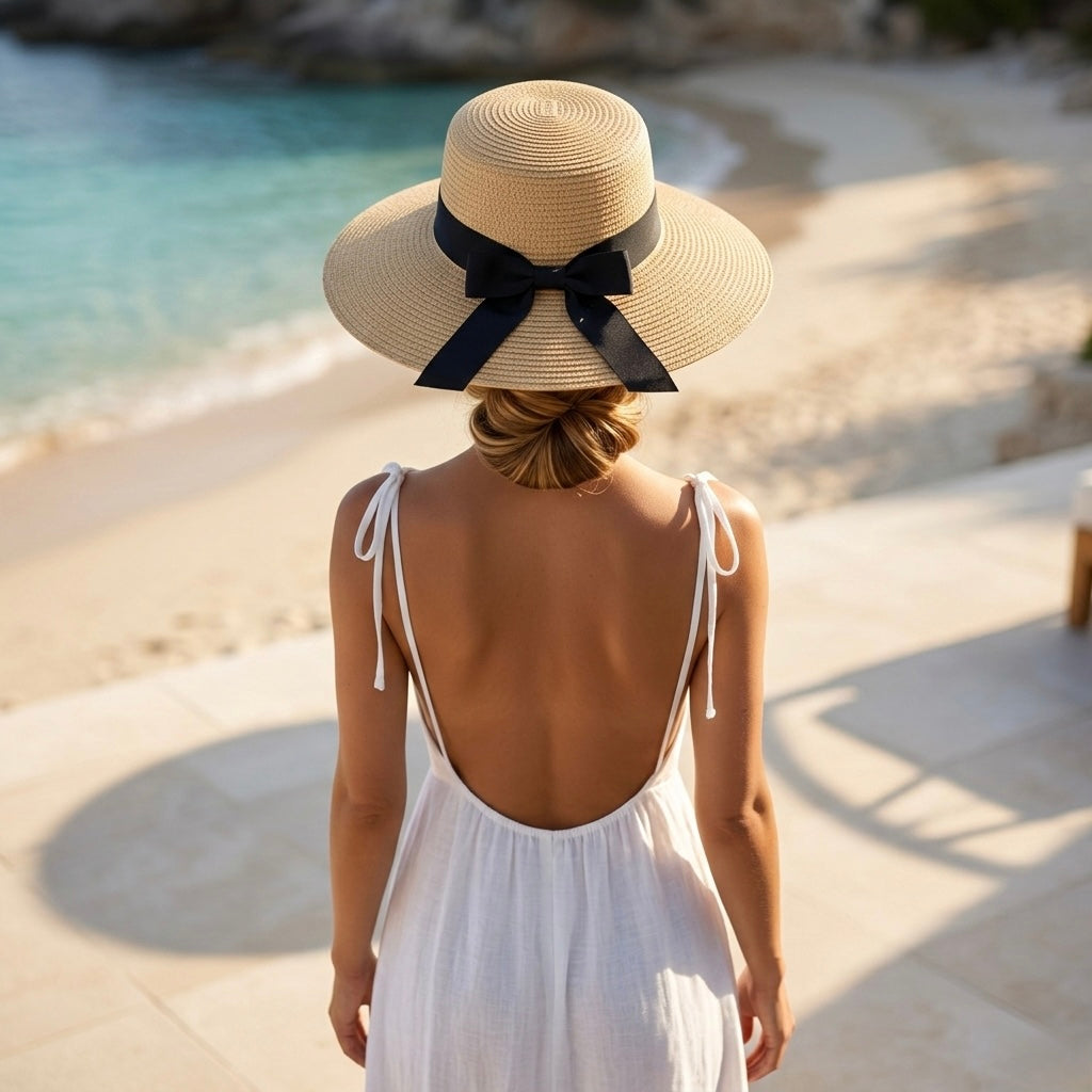Sombrero Playero Mediano Oscuro Con Cinta Negra