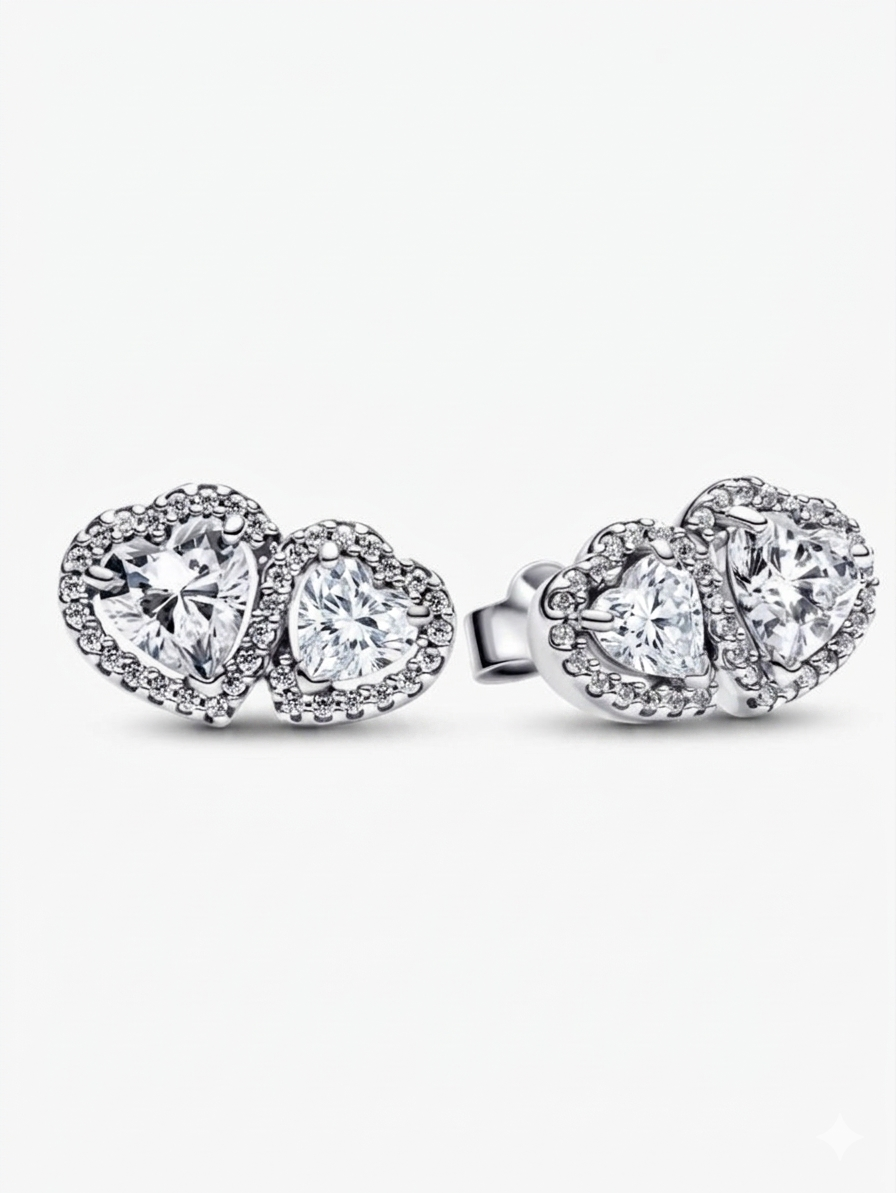 Aretes Pandora Botón Halo Doble Corazón Blanco
