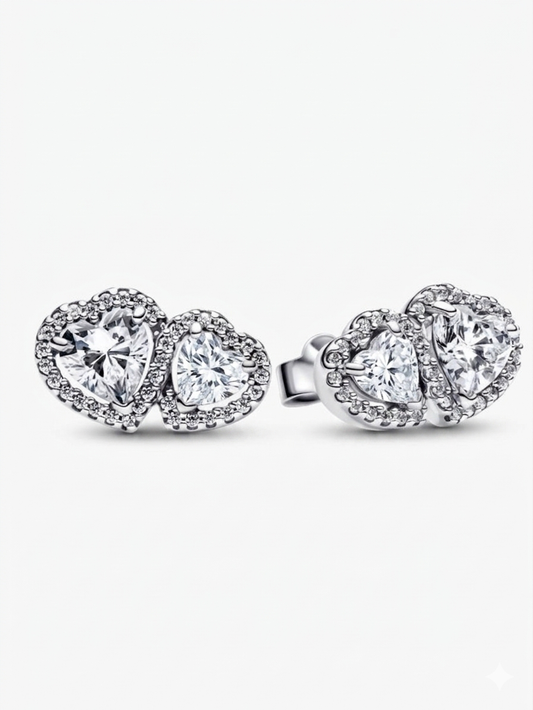 Aretes Pandora Botón Halo Doble Corazón Blanco