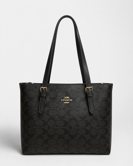 Cartera Coach Tote Mollie 25 de lona con motivo de firma en color negro Con Caja