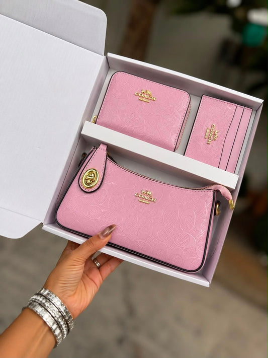 Set De Cartera Coach Rosa Charol De 3 Piezas Con Caja