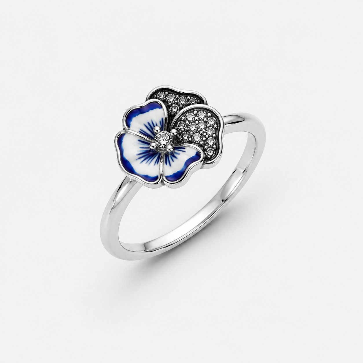 Anillo Pandora Flor Pensamiento Azul