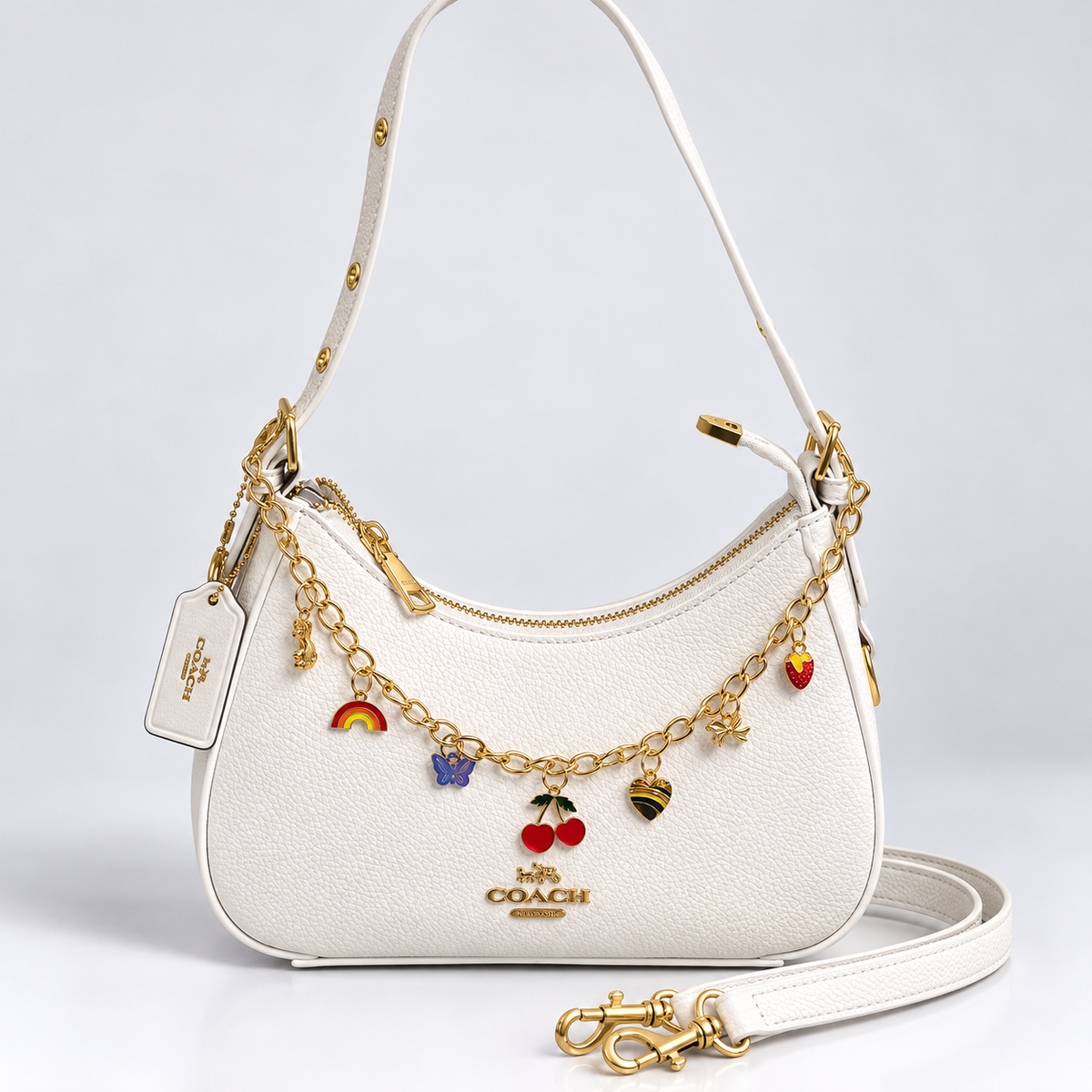 Cartera Coach De Hombro Ajustable Blanca Y Charm Largo Con Caja