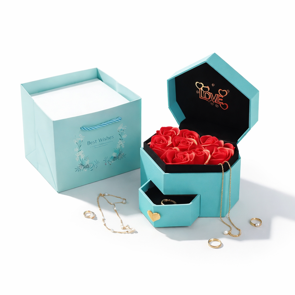 Kit Azul Turquesa Con Caja en forma de corazón y flores arriba