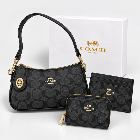 Set De 3 Carteras Coach Clásico Gris Con Negro Y Caja