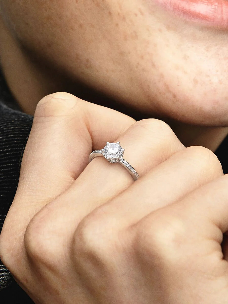 Anillo Pandora Solitario Corona Brillante Transparente