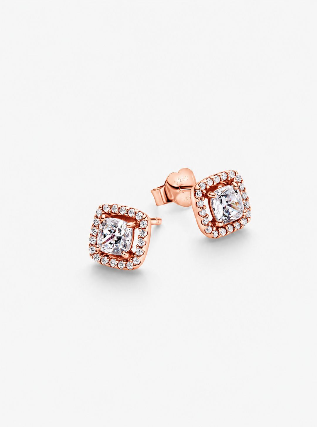 Aretes Pandora de botón Halo Cuadrado Rose Gold Brillante
