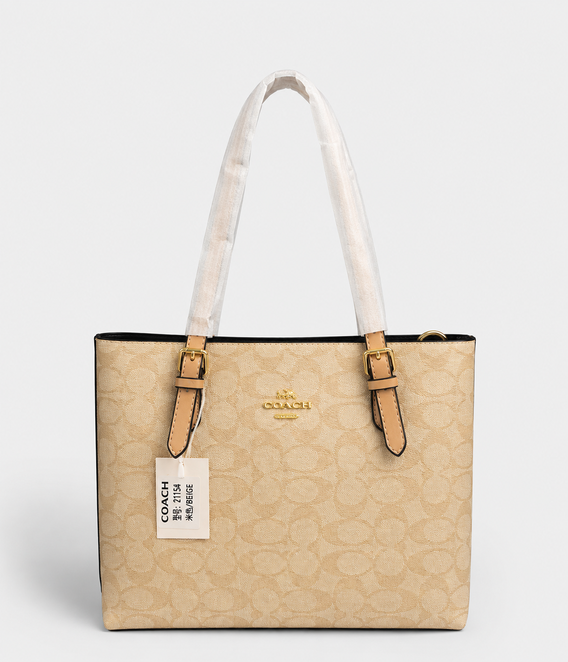 Cartera Coach Tote Mollie 25 de lona con motivo de firma en color Kakhi Con Caja